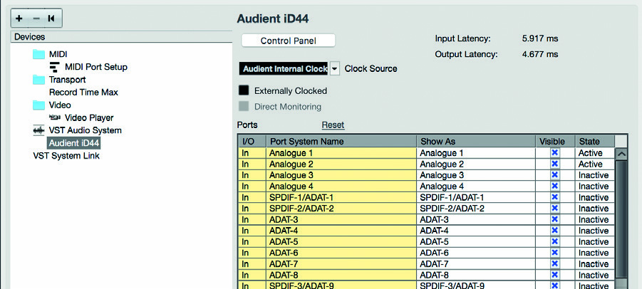 이전 Cubase iD44 오디오 드라이버 설정 예시