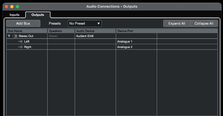 Cubase Audio Connections 예시