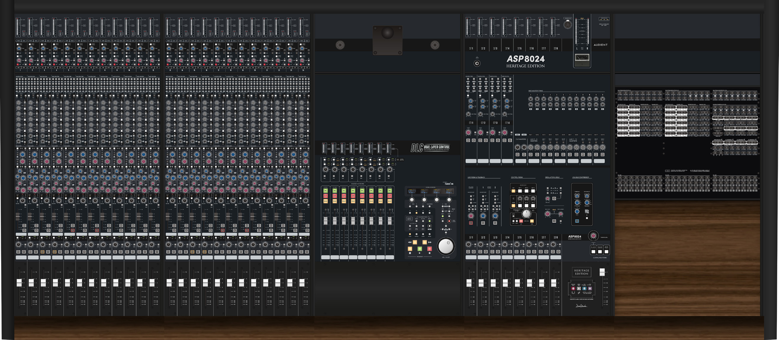ASP8024-HE Input Channel, Master Section 및 옵션 모듈을 보여주는 콘솔 레이아웃