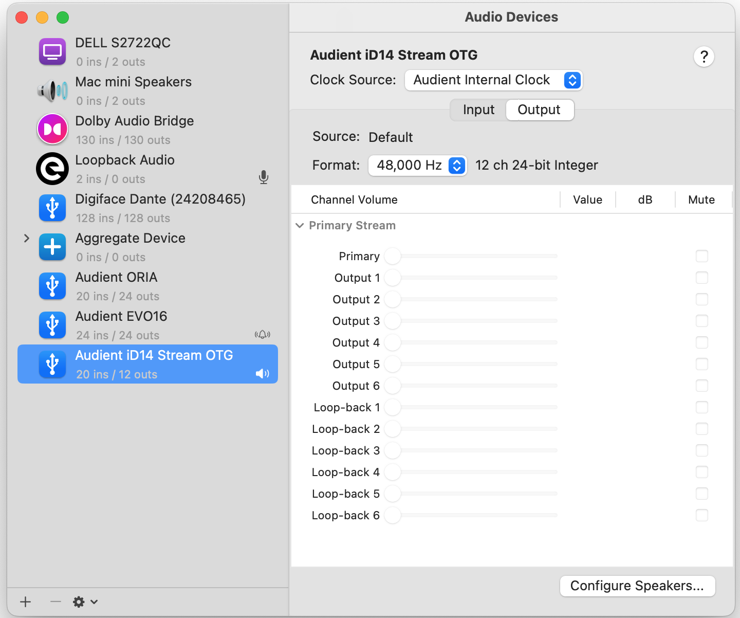 macOS Audio MIDI Setup 中的 iD14 Stream OTG