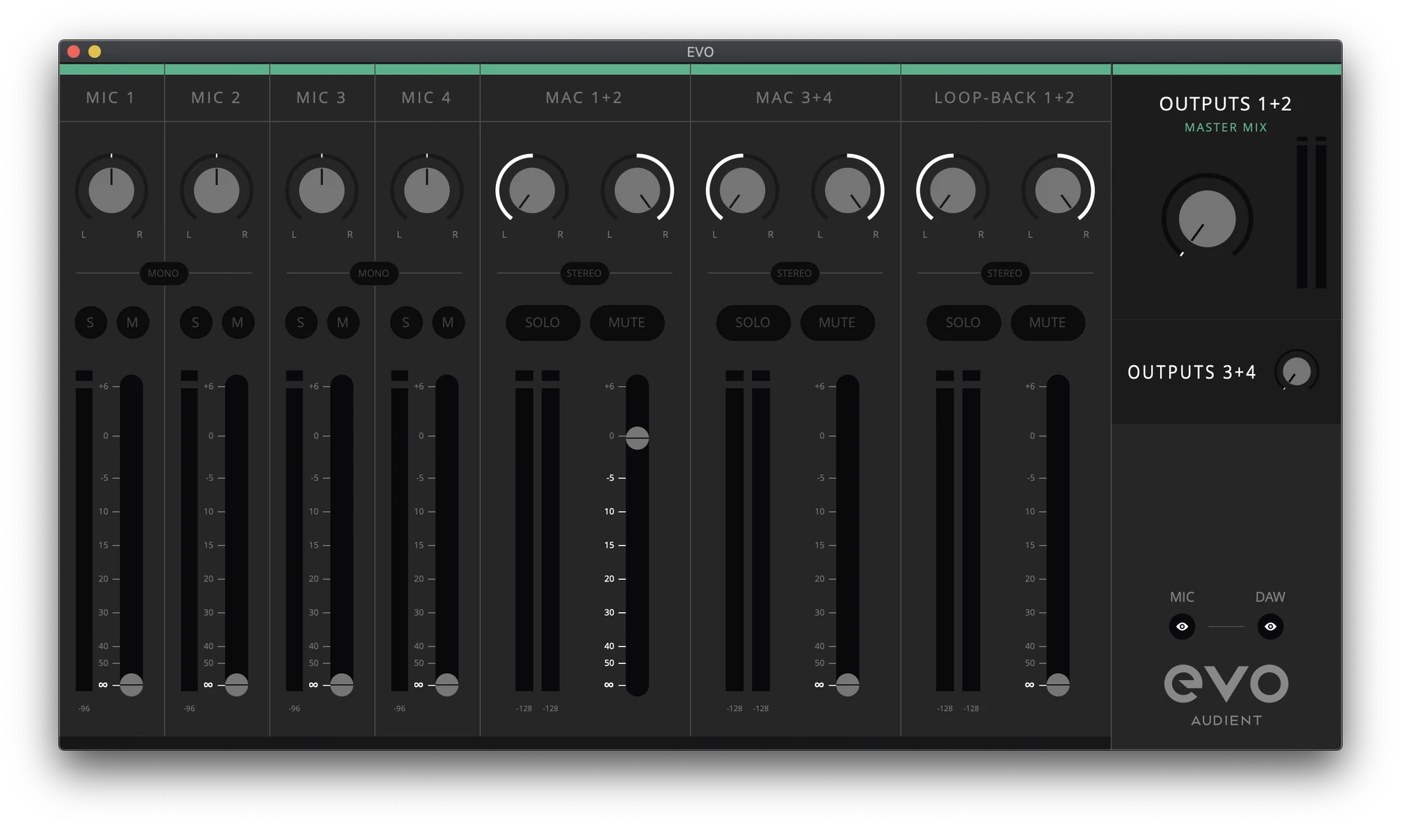 EVO Mixer，显示麦克风、电脑播放和 Loopback 通道，并已选择 Outputs 1+2 主混音