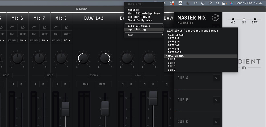 macOS 上的 iD48 Input Routing 菜单