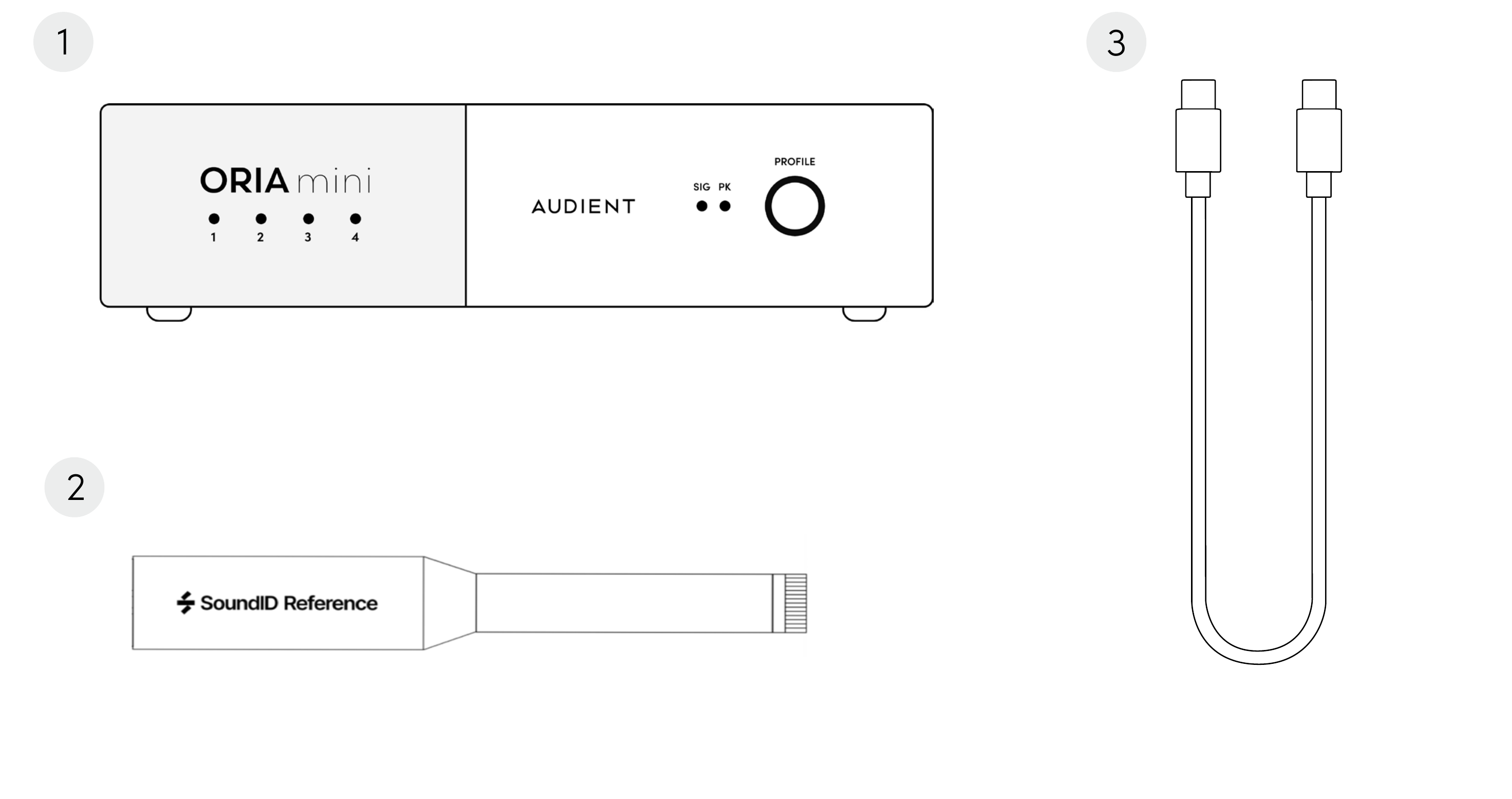 包装内随附的 ORIA Mini、Sonarworks 测量麦克风和 USB-C 线缆