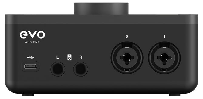 EVO 4 后部,显示 USB-C、左右监听输出以及麦克风或线路输入 1 和 2