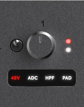 iD48 增益控制及 48 V、ADC 路径、HPF 和 Pad 输入状态指示