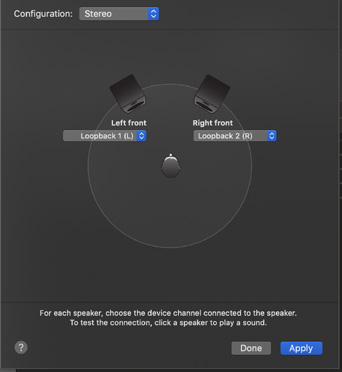 macOS 扬声器分配窗口，其中已选择 EVO 8 Loopback 输出