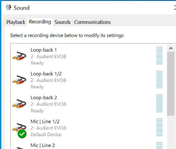 Windows Sound 控制面板，将 EVO 8 Loopback 1+2 显示为播放设备