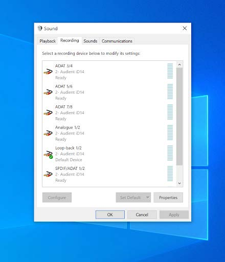 Windows 录音设备列表中显示 iD14 Loopback 1/2 输入