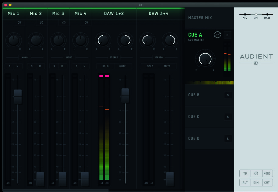 iD Software Mixer 示例，将麦克风和 DAW 音频组合用于 Loopback